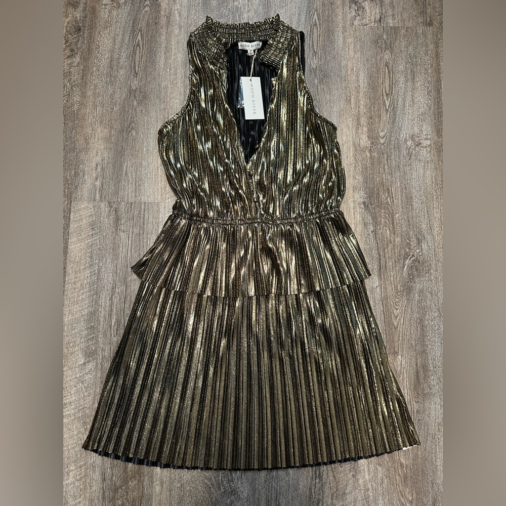 Moon River Metallic Gold Pleated Midi Dress